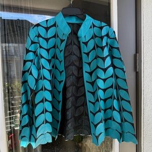 Stylish Blue Leaf Pattern Women's Jacket,leather leaves on black mesh fabric
